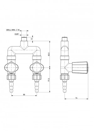 Suspended two-way drop tap - u-distribution