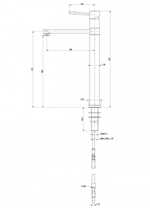 Water mixer with movable neck h=300 l=200 - flexible shaft with pipes  Ø10 - short clinical lever