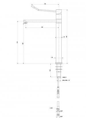Water mixer with movable neck h=300 l=250 flexible shaft G3/8 with pipes  l1200 - grey